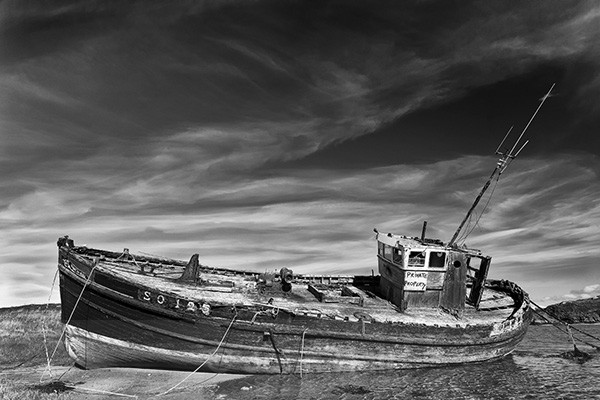 Fine art monochrome of old fishing trawler, cruit island, co. donegal