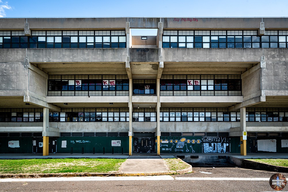 The Brutalist facade of the abandoned George W. Pepper Middle School in Philadelphia, PA