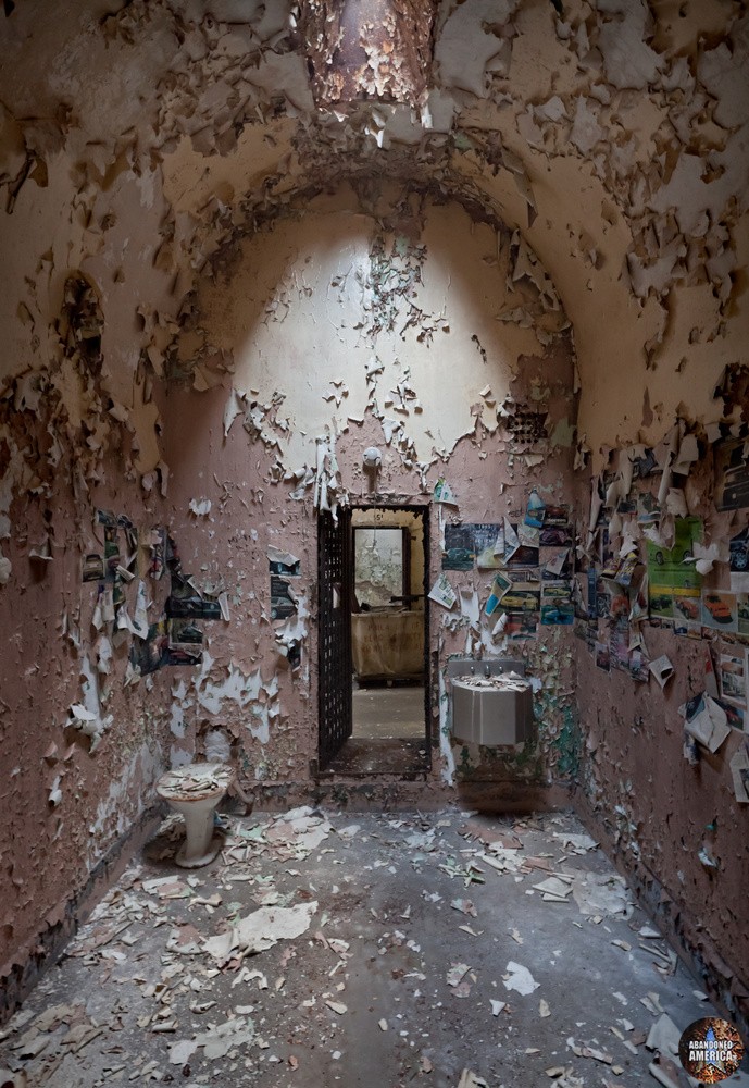 Cell with collaged walls, Holmesburg Prison, Philadelphia PA | Abandoned America by Matthew Christopher