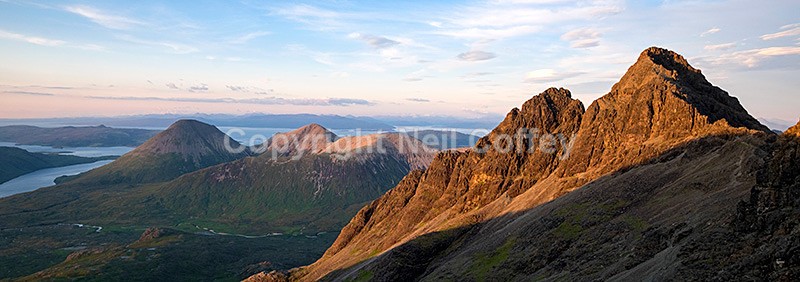 Evening light on the Red Cuillin and Sgurr nan Gillean, Isle of Skye - Panoramic format
