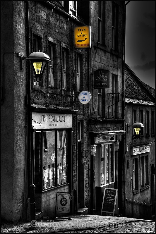 Berwick West Street fish restaurant bw lights HDR resized - High Dynamic Range pictures