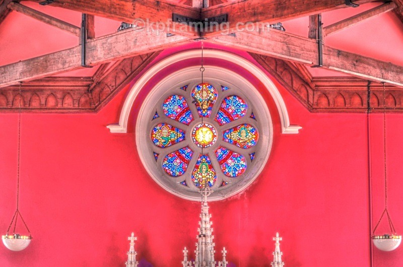 kincasslagh chapel stained glass round window above altar - villages , piers, light houses, donegal beaches ,