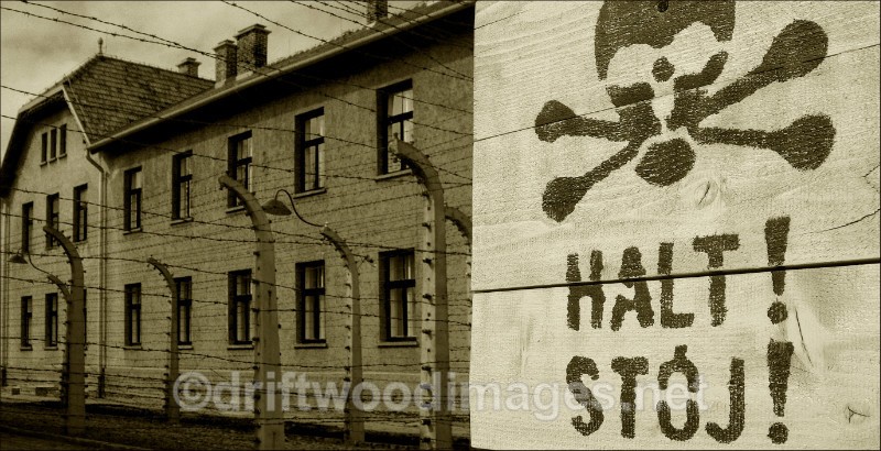 Auschwitz Halt sign and building sepia - Auschwitz/Birkenau