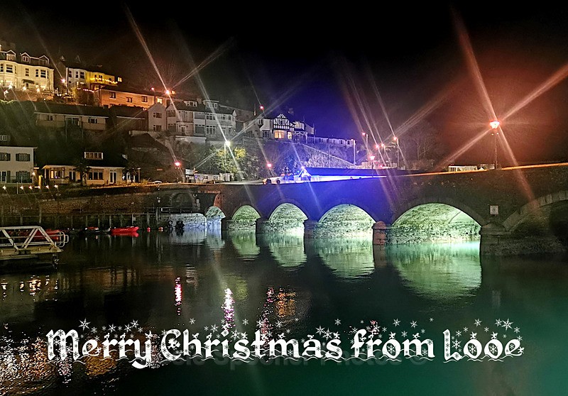 XM01 - Night lights by Looe Bridge - XMAS CARDS Looe Polperro and General Cornwall