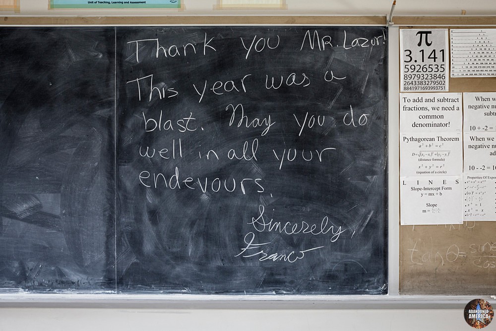 A goodbye from a student to a teacher written on one of Schenley High School's chalk boards