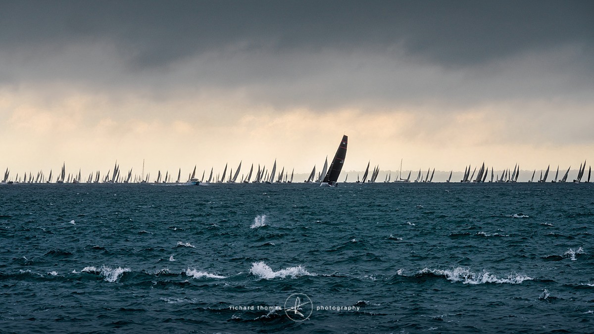 Yachts racing in the Round the Island race 2017 sailing around the Isle of Wight as they approach Hurst Spit