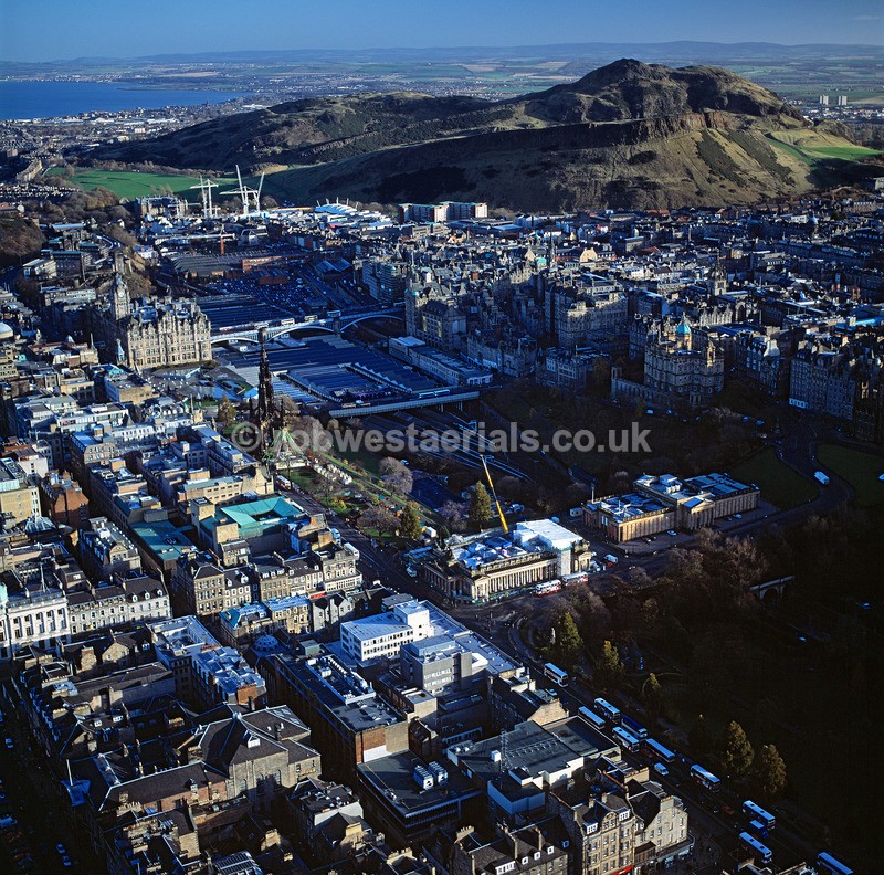 Edinburgh city george street and salisbury crags in Scotland