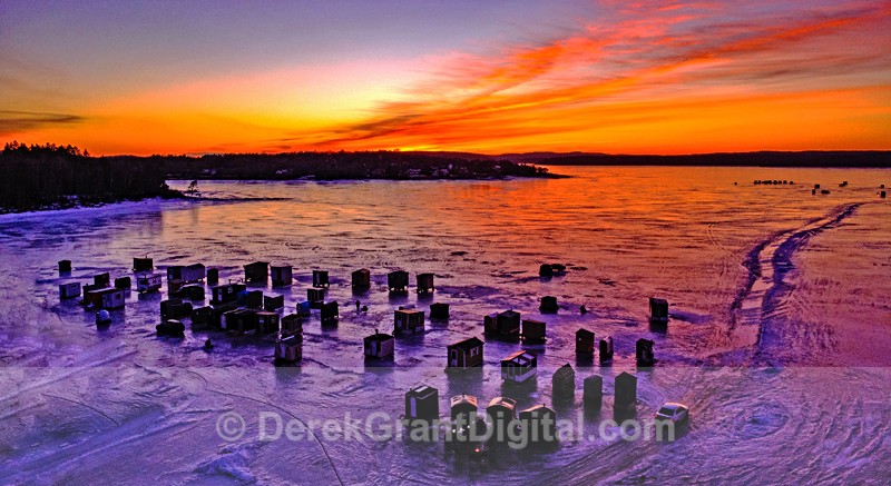 Renforth Ice Fishing Village @ Sunset by Aerial Drone - Ice Shacks