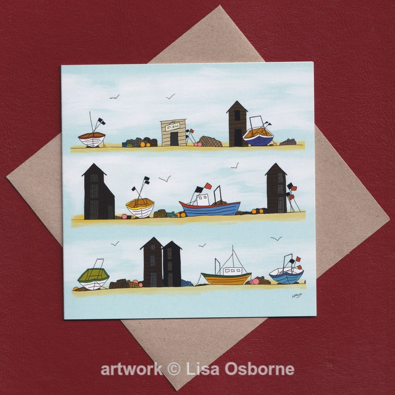 Fishing huts and boats greetings card - Cards