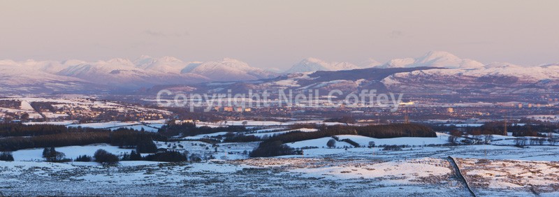 The Central Lowlands across Glasgow from Ballageich, East Renfrewshire - Panoramic format