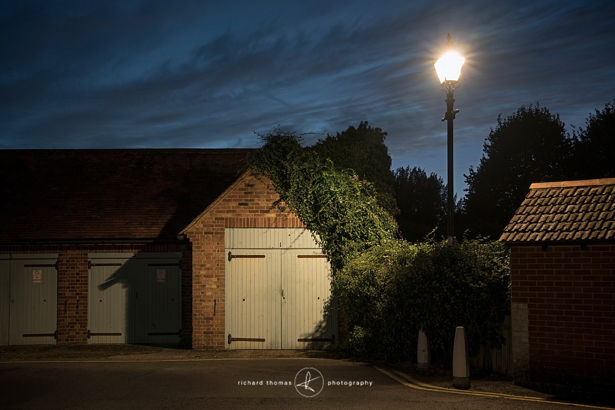 Garage and street light at night