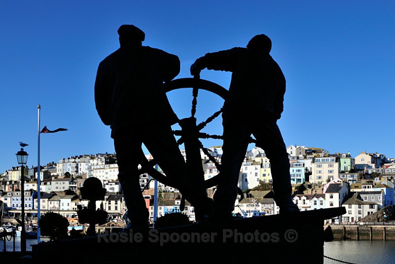 No stock  BX03 - The Man and Boy Statue overlooking Brixham Harbour - Greetings Cards Brixham Broadsands and Kingswear
