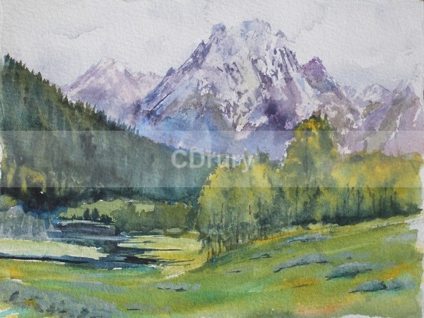 WCL06171 Mount Moran Early Summer - Watercolor Landscape GTNP