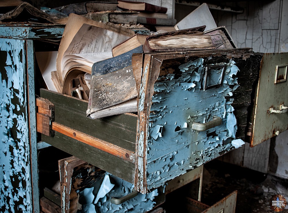 Abandoned Greystone Park Psychiatric Center | Peeling File Cabinet - Greystone Park Psychiatric Center
