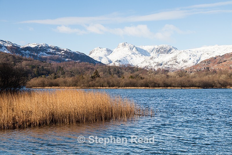 Elter Water lake and Langdale Pikes in winter