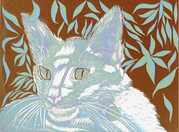 White Cat Dappled Light - Reduction Linocuts