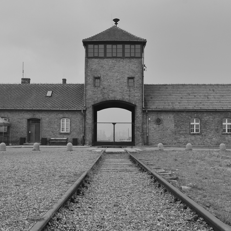 Black and White image of Auschwitz II-Birkenau gatehouse. - Europe