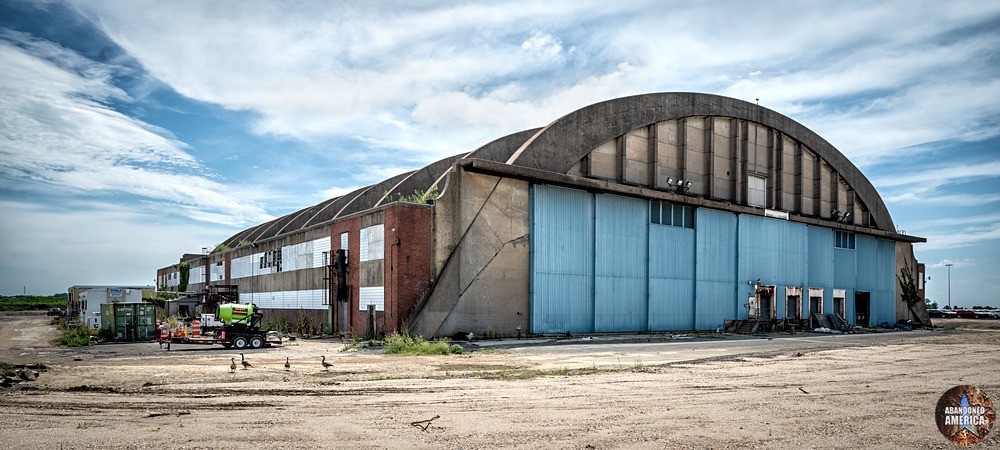 An exterior view of the Mustin Field Seaplane Hangar's entrance