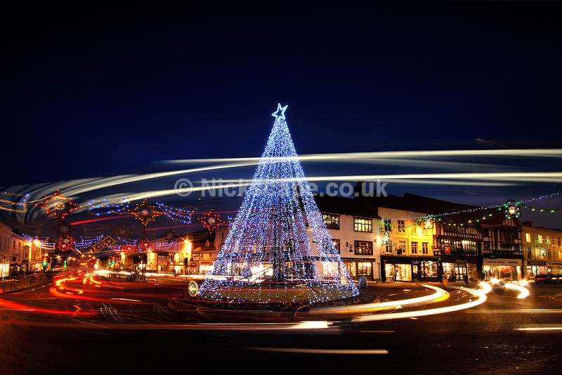 Stratford Christmas Decorations Blue Lit Christmas Tree on Roundabout