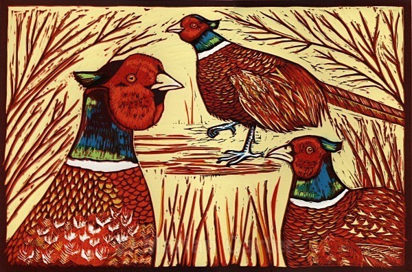 Three Pheasants - Reduction Linocuts
