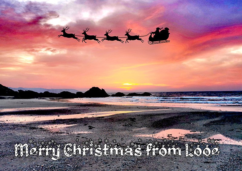 XM049 - Santa passing over colouful Looe - XMAS CARDS Looe Polperro and General Cornwall