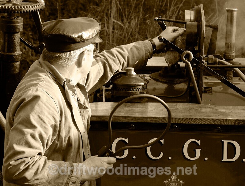 WLLR Dougal and driver detail sepia - The Welshpool & Llanfair Light Railway