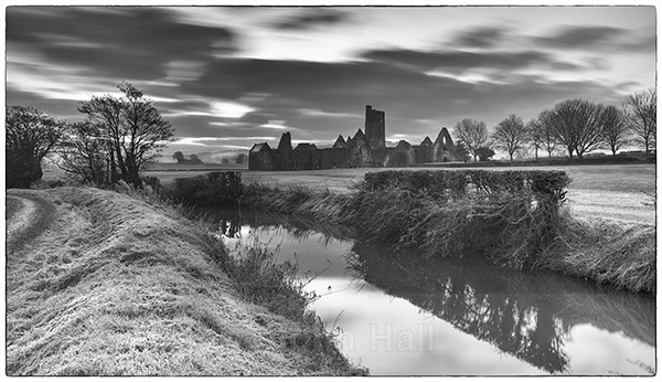 Fine art monochrome of a frosty morning at kilcrea friary, co. cork, ireland.