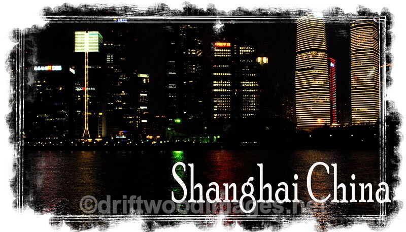China Shanghai waterfront at night border title - China