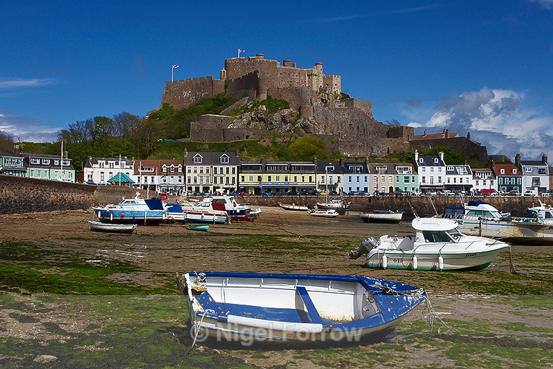 Mont Orgueil Castle & Gorey Harbour Boats at low tide - Guernsey & Jersey, Channel Islands