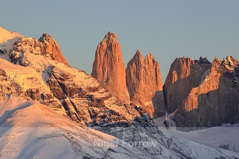 Torres Central and Norte at dawn, Cordillera Paine, Torres del Paine - Chile