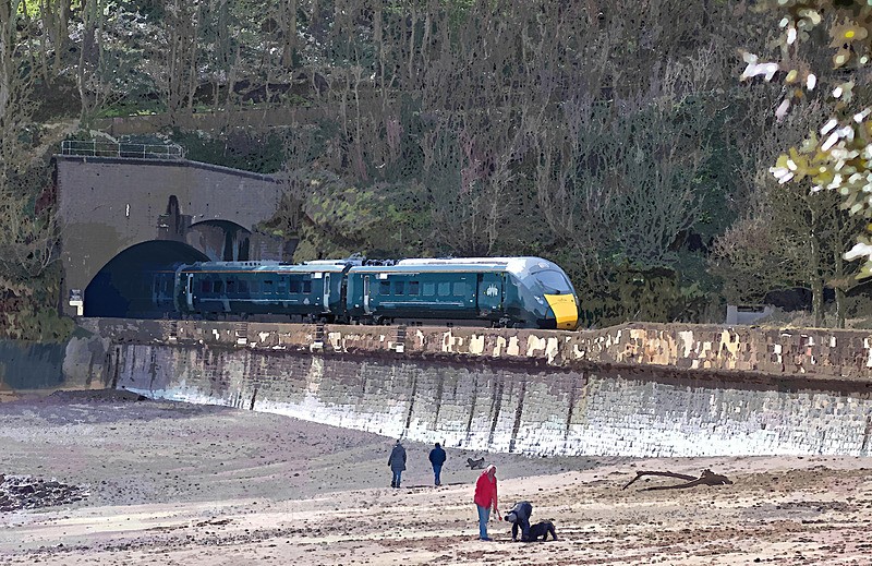 Train passing through the tunnel by Coryton Cove Beach in Dawlish - Trains Boats and Planes