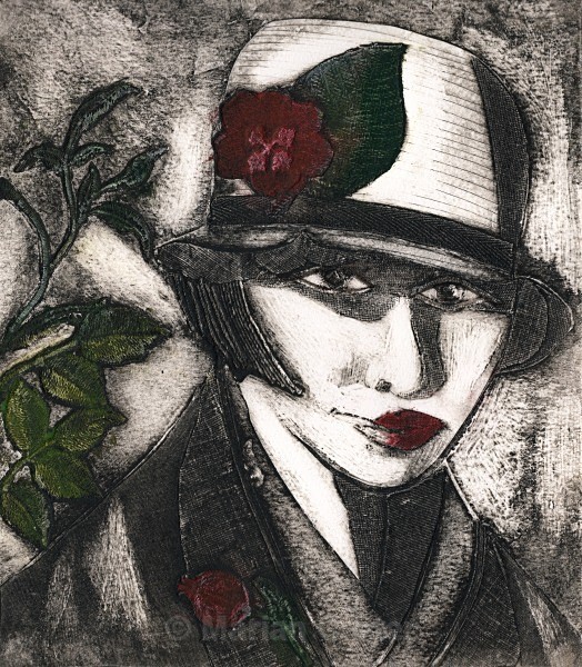 Woman in  a Hat with a Red Buttonhole - Collagraphs