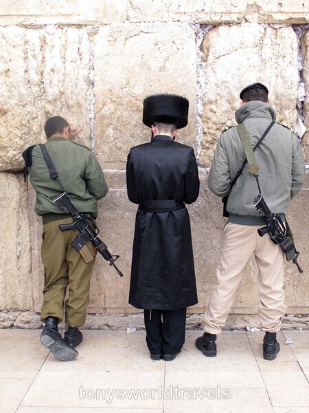 A Hasidic Jew and two soldiers at the Wailing Wall, Jerusalem, Israel - World's Major Religions