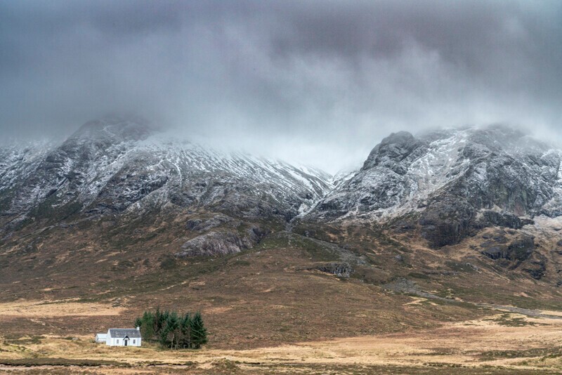 Lagangarbh hut  and a dusting of snow on Buachaille Etive Mòr - Scotland
