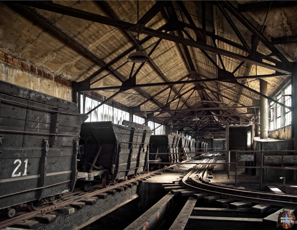 A narrow-gauge railroad atop the boiler rooms at the abandoned Westport Generating Station