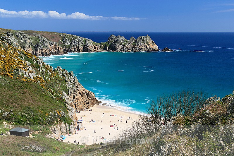 Porthcurno Beach, view from Minack Point towards Logan Rock - Cornwall, England