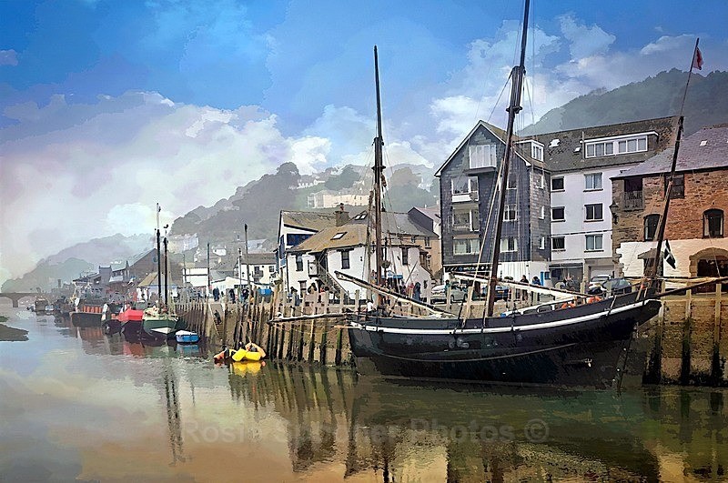 LO74  no stock-  A lugger moored at Looe on a misty morning - Greeting Cards - Looe