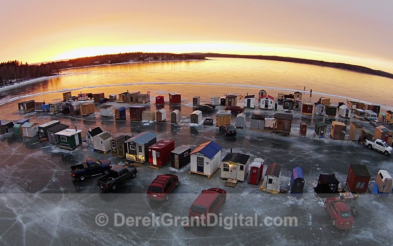 Ice shacks @ Sunset - Renforth New Brunswick Canada Aerial View
