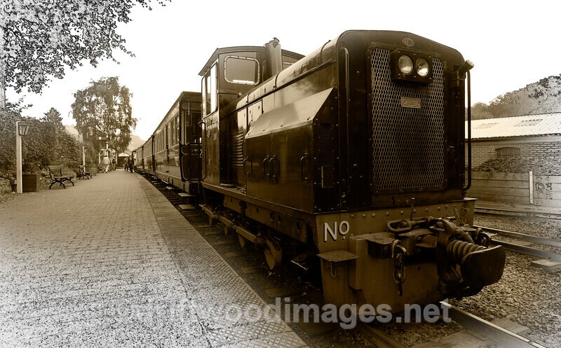 WLLR Chattenden and the Pickering coaches at Llanfair Station FE sepia - The Welshpool & Llanfair Light Railway