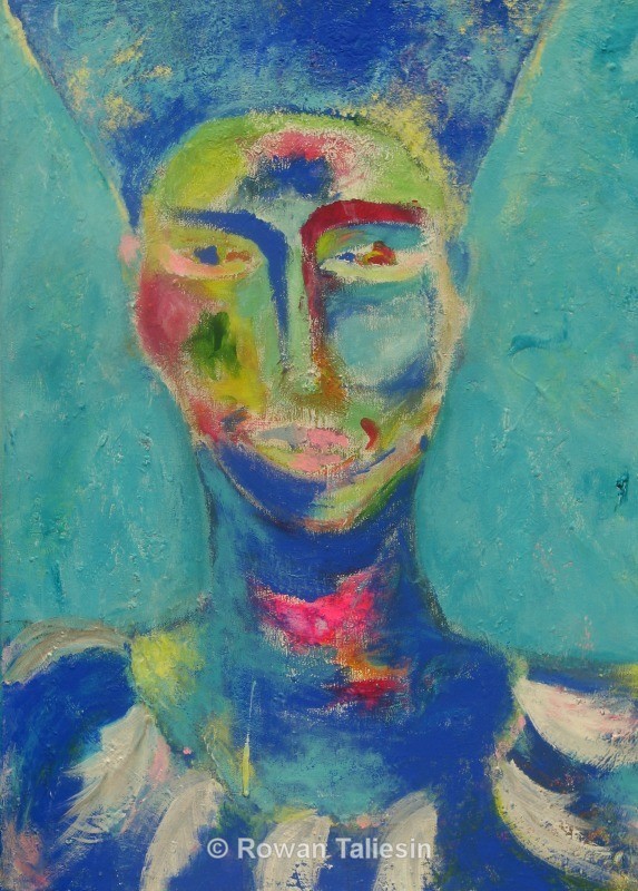 White Feathers copyright of Rowan Taliesin, painted portrait of priestess.