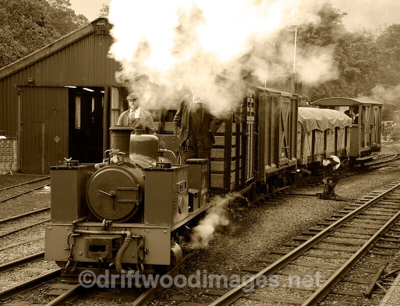 WLLR Dougal leaves Llanfair Station with mixed goods sepia - The Welshpool & Llanfair Light Railway