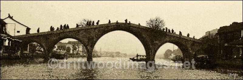 China Shanghai Zhujiajiao Water Town 5 arch bridge sepia watercolour 2 - China