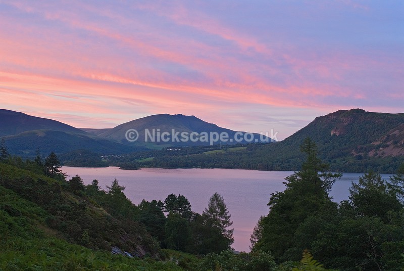 Photograph of sunset Derwent Water and Blencathra from Brandelhow Bay in the Lake District