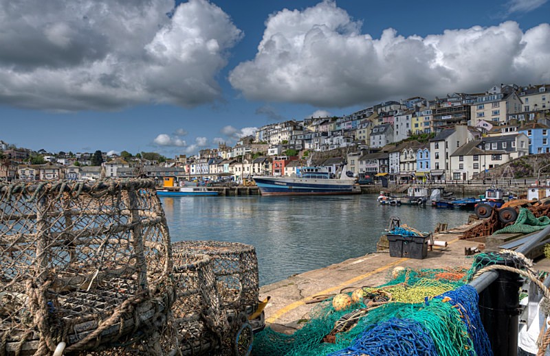 TQ91 - Lobster Pots and colourful houses at Brixham Harbour - Greetings Cards Brixham Broadsands and Kingswear