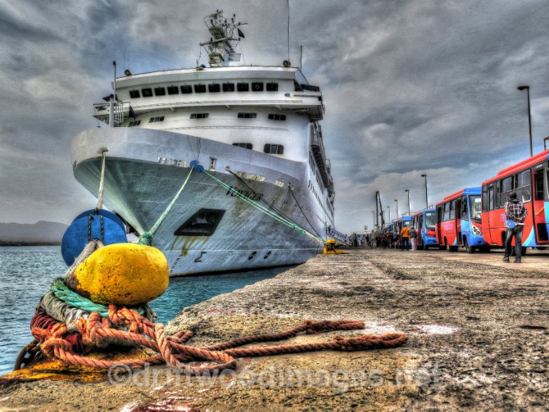 Cape Verde Islands Voyager and buses on quayside HDR - Cape Verde Islands