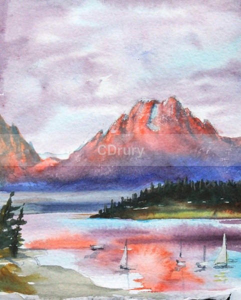 WCL01174 Sunrise on Jackson Lake - Watercolor Landscape GTNP
