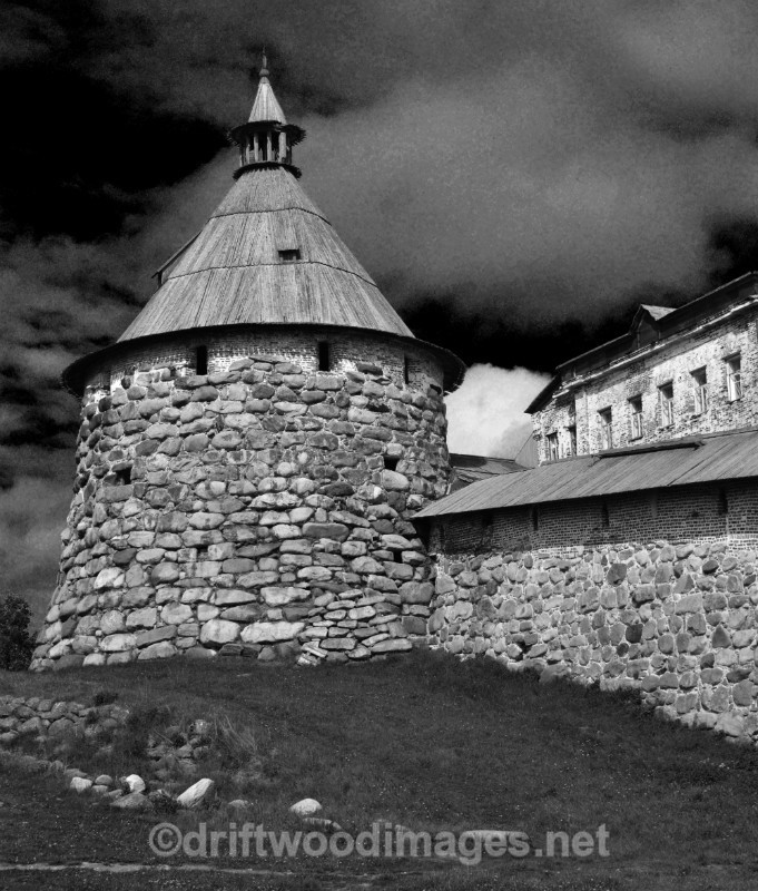 Solovetsky Islands monastery section of wall and tower 2  bw - The Solovetsky Islands, Russia