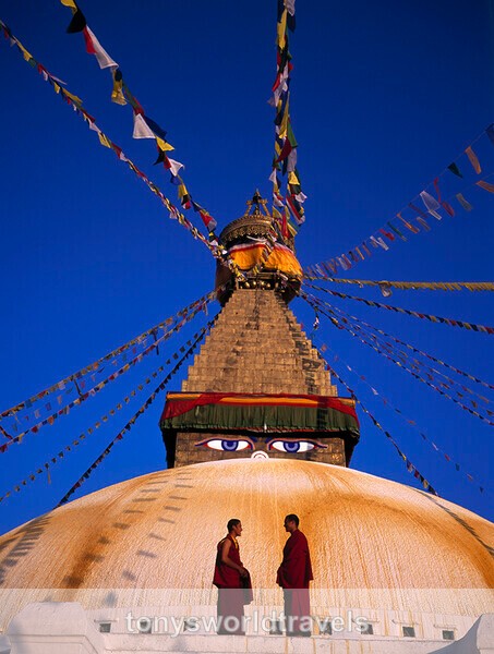 Two Buddhist monks at Bodhnath Stupa, Kathmandu,Nepal - World's Major Religions