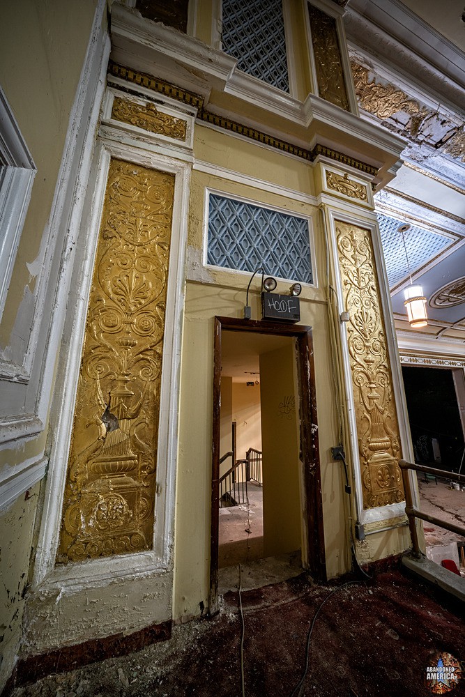 Damaged ornamental plasterwork at the abandoned Logan Theater