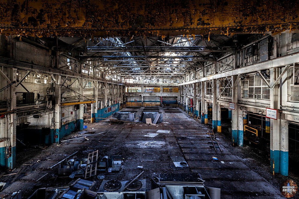 An large open factory space at the abandoned Budd Factory